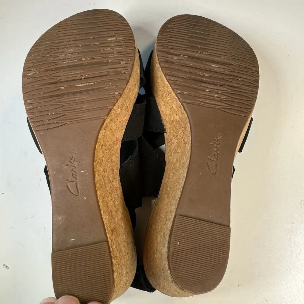 Clarks Sandals Womens Sz 7 M Annadel Bari Platform Wedge Slingback Black Cork